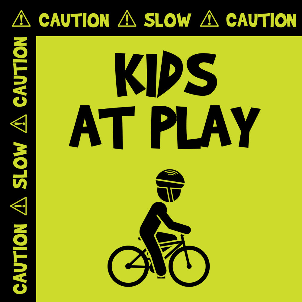 Teardrop Flag Sign, "Caution, Slow, Kids at Play", Green