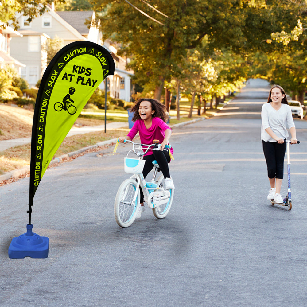 Teardrop Flag Sign, "Caution, Slow, Kids at Play", Green