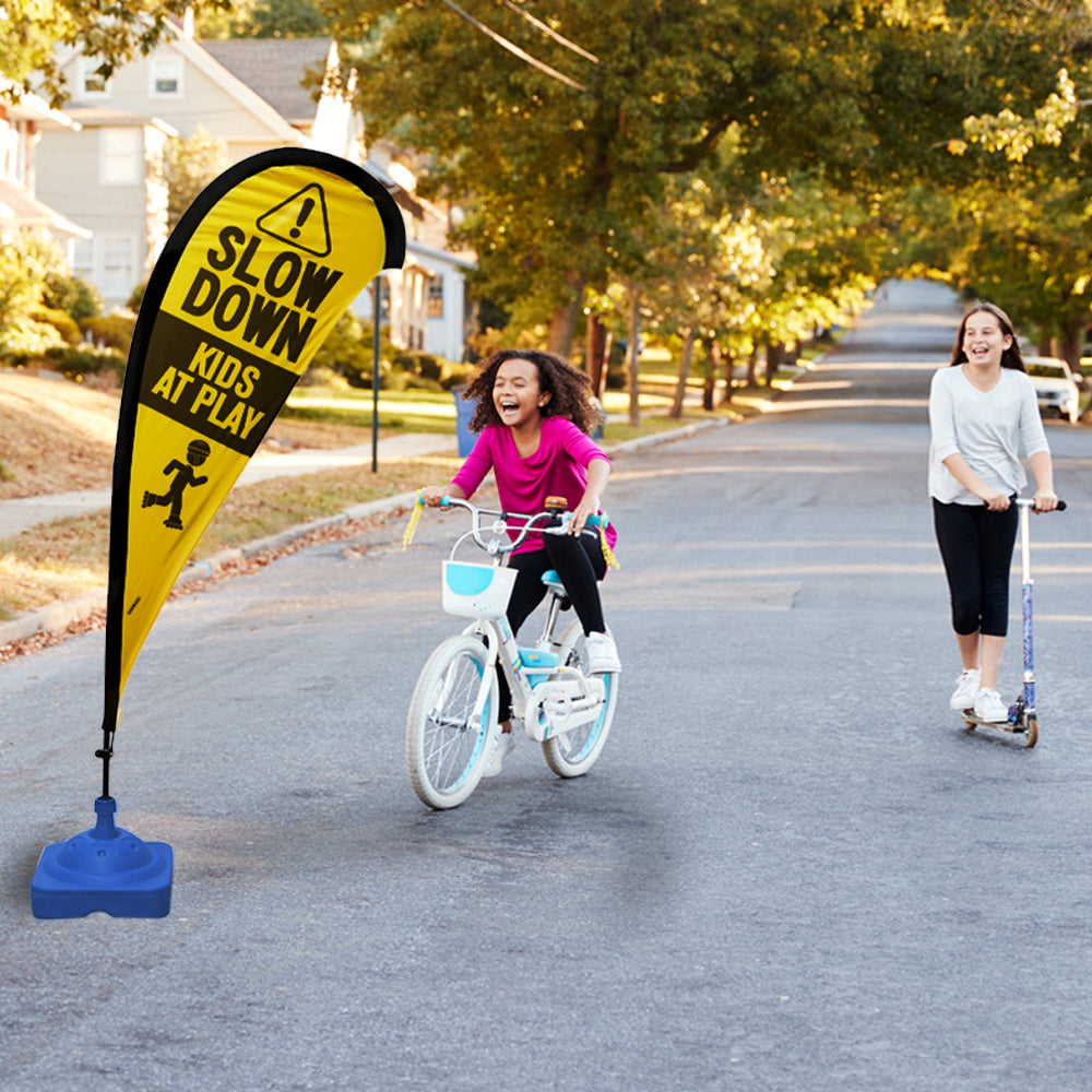 Teardrop Flag Sign, "Caution Sign, Slow, Kids at Play", Yellow