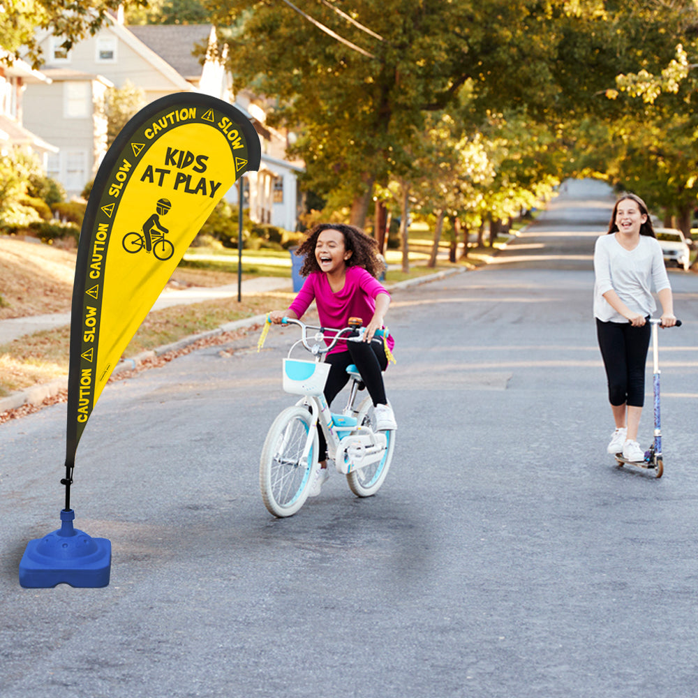 Teardrop Flag Sign, "Caution, Slow, Kids at Play",Yellow