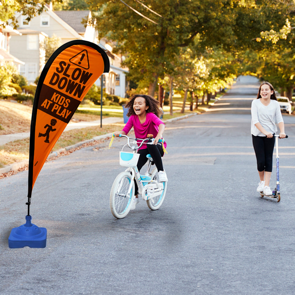 Teardrop Flag Sign, "Caution, Slow, Kids at Play", Orange